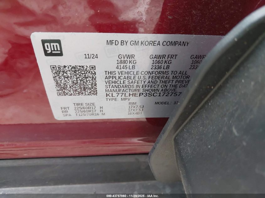 2025 Chevrolet Trax Fwd Lt VIN: KL77LHEP3SC172757 Lot: 43757860