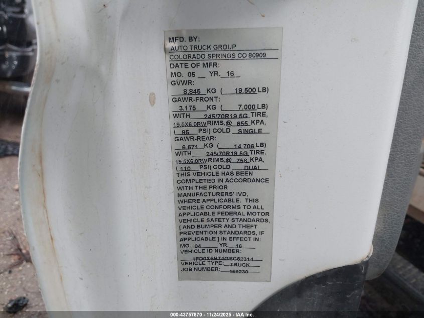 2016 Ford F-550 Chassis Xl VIN: 1FD0X5HT4GEC62314 Lot: 43757870