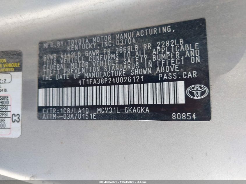 2004 Toyota Camry Solara Sle VIN: 4T1FA38P24U026121 Lot: 43757879