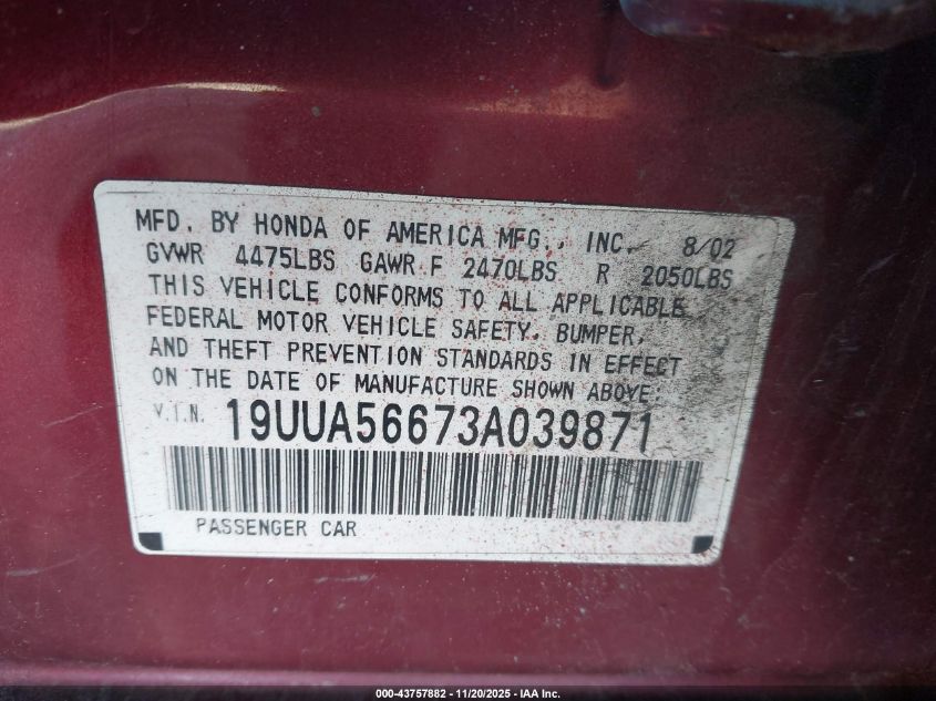 2003 Acura Tl 3.2 VIN: 19UUA56673A039871 Lot: 43757882