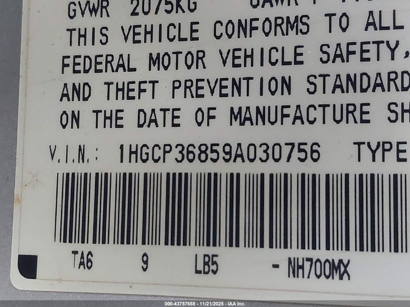 2009 Honda Accord 3.5 Ex-L VIN: 1HGCP36859A030756 Lot: 43757888