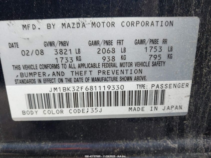 2008 Mazda Mazda3 I Touring Value VIN: JM1BK32F681119330 Lot: 43757889