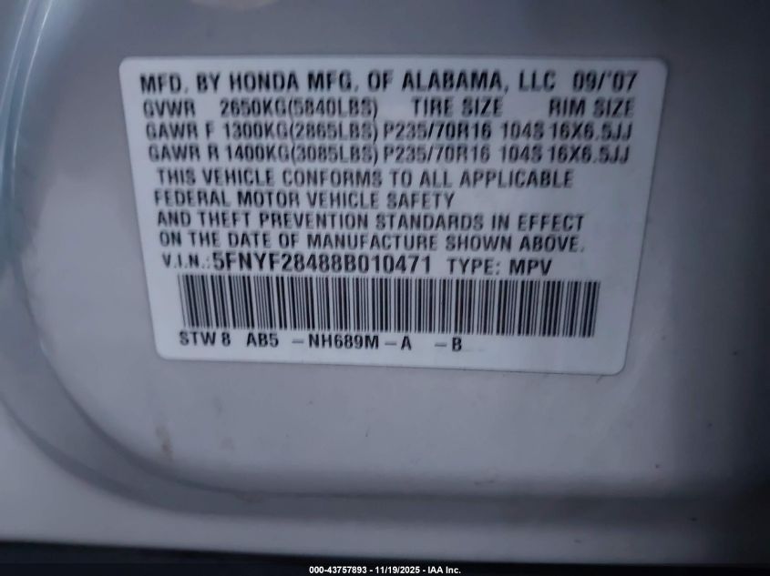 2008 Honda Pilot Ex VIN: 5FNYF28488B010471 Lot: 43757893