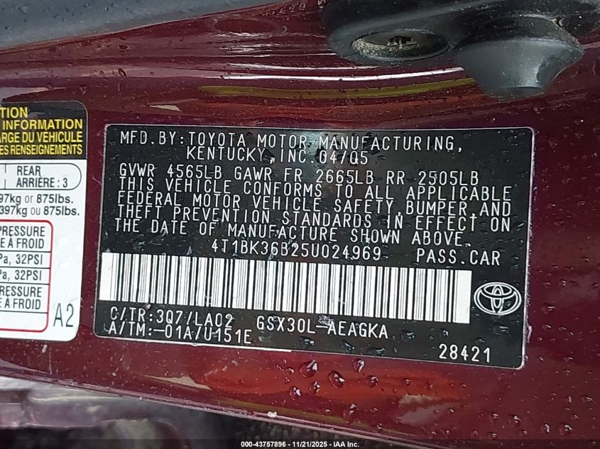 2005 Toyota Avalon Xls VIN: 4T1BK36B25U024969 Lot: 43757896