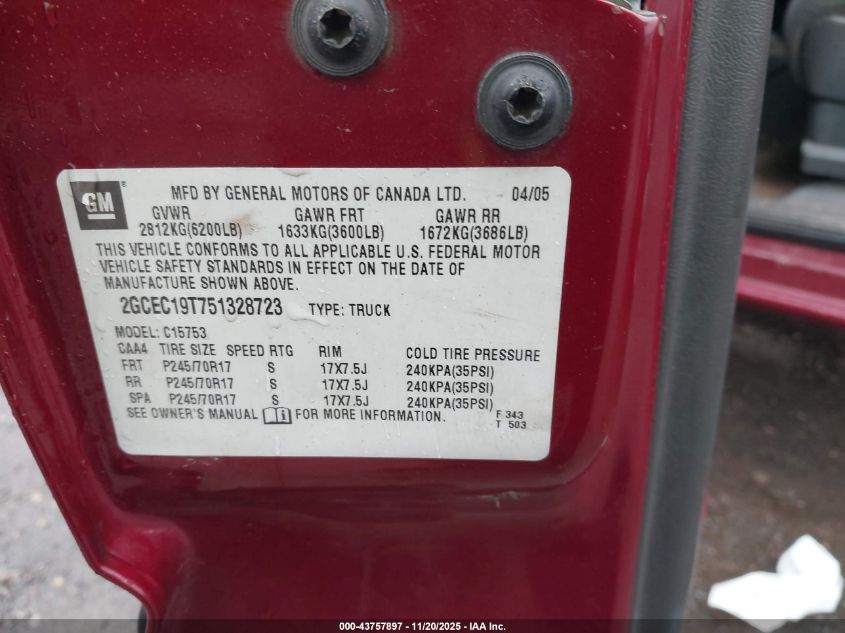 2005 Chevrolet Silverado 1500 Ls VIN: 2GCEC19T751328723 Lot: 43757897