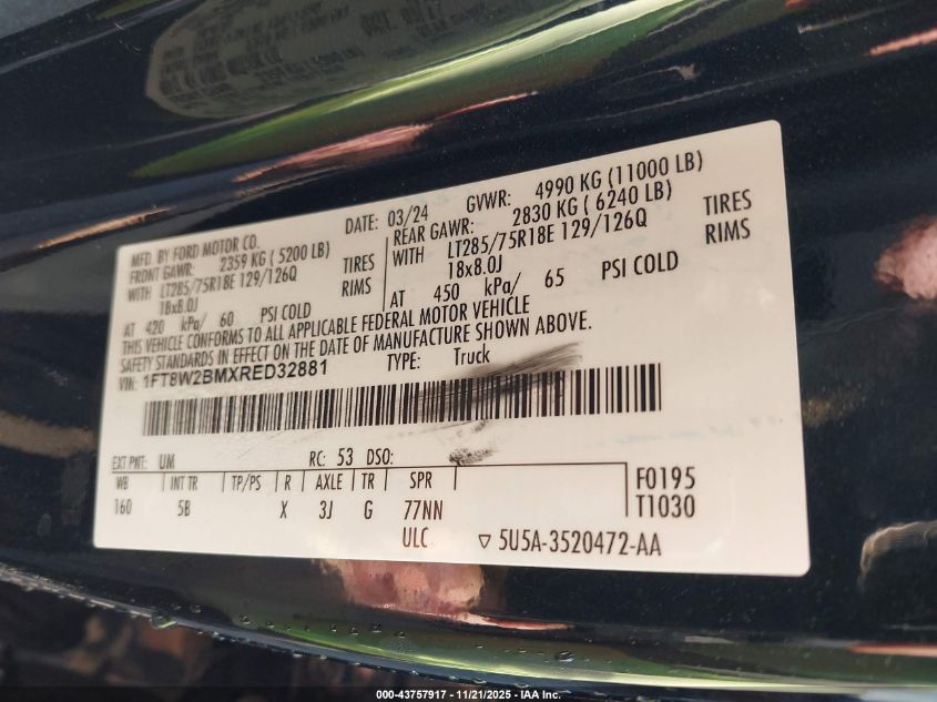 2024 Ford F-250 Lariat VIN: 1FT8W2BMXRED32881 Lot: 43757917