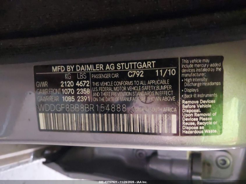 2011 Mercedes-Benz C 300 Luxury 4Matic/Sport 4Matic VIN: WDDGF8BB8BR154888 Lot: 43757921