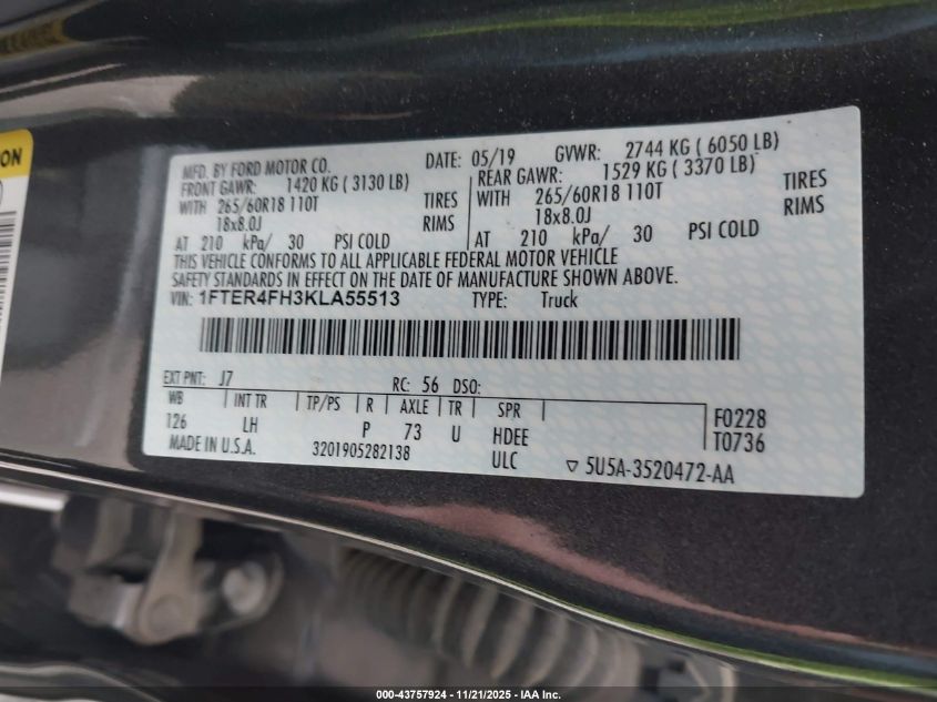 2019 Ford Ranger Xlt VIN: 1FTER4FH3KLA55513 Lot: 43757924