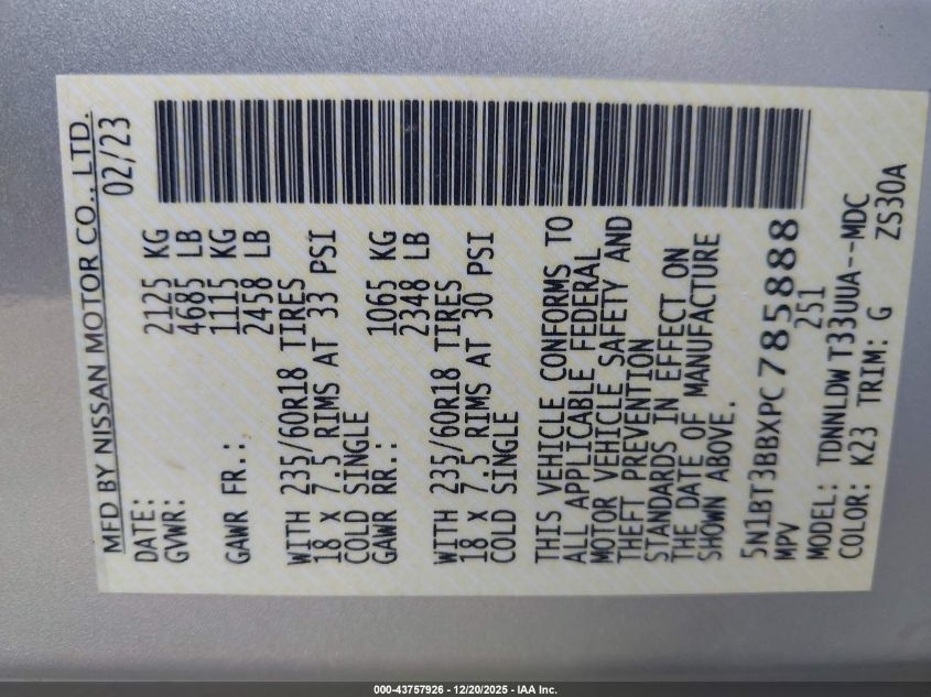 2023 Nissan Rogue Sv Intelligent Awd VIN: 5N1BT3BBXPC785888 Lot: 43757926