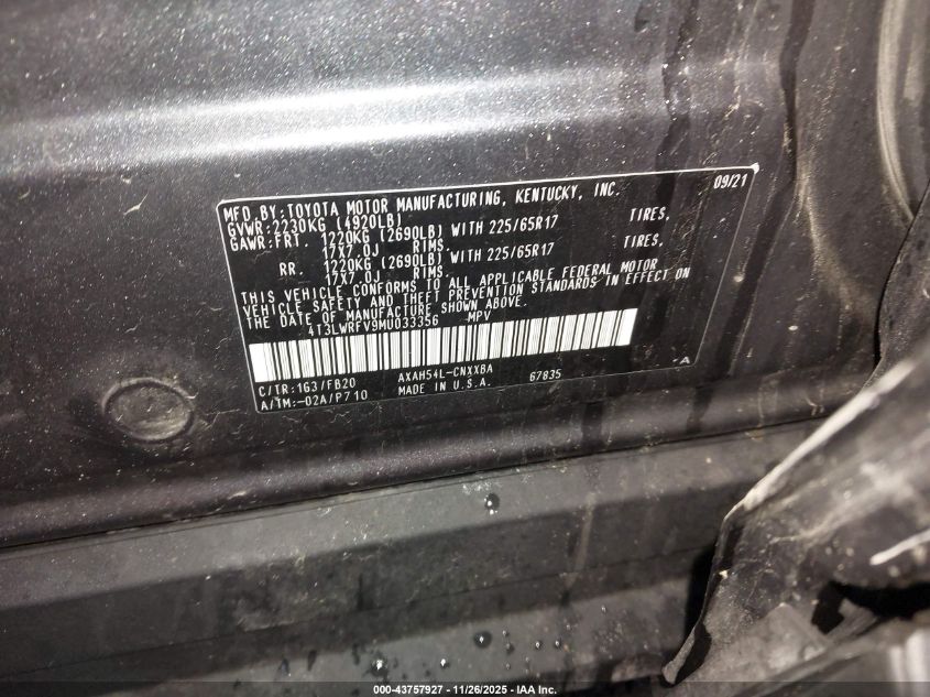 2021 Toyota Rav4 Hybrid Le VIN: 4T3LWRFV9MU033356 Lot: 43757927