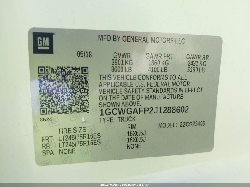 2018 Chevrolet Express 2500 Work Van VIN: 1GCWGAFP2J1288602 Lot: 43757928