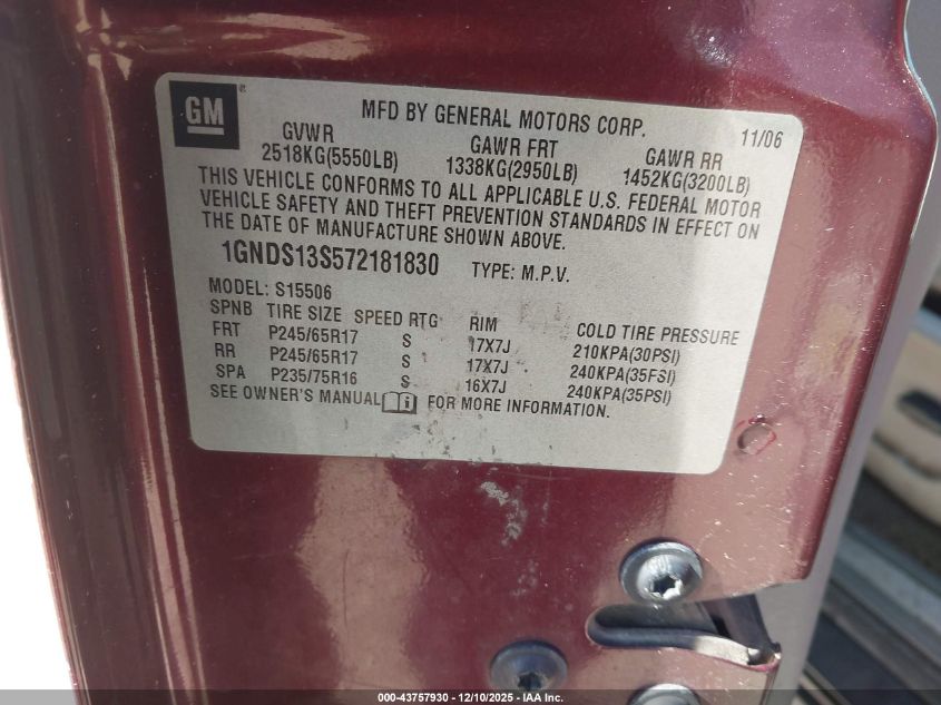 2007 Chevrolet Trailblazer Ls VIN: 1GNDS13S572181830 Lot: 43757930