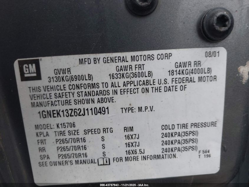 2002 Chevrolet Tahoe Lt VIN: 1GNEK13Z62J110491 Lot: 43757943