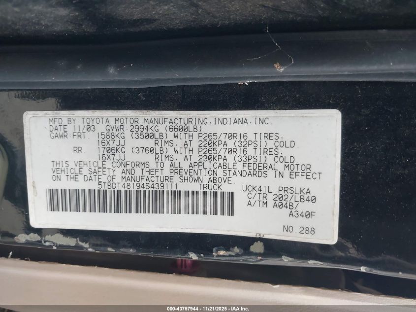 2004 Toyota Tundra Limited V8 VIN: 5TBDT48194S439111 Lot: 43757944