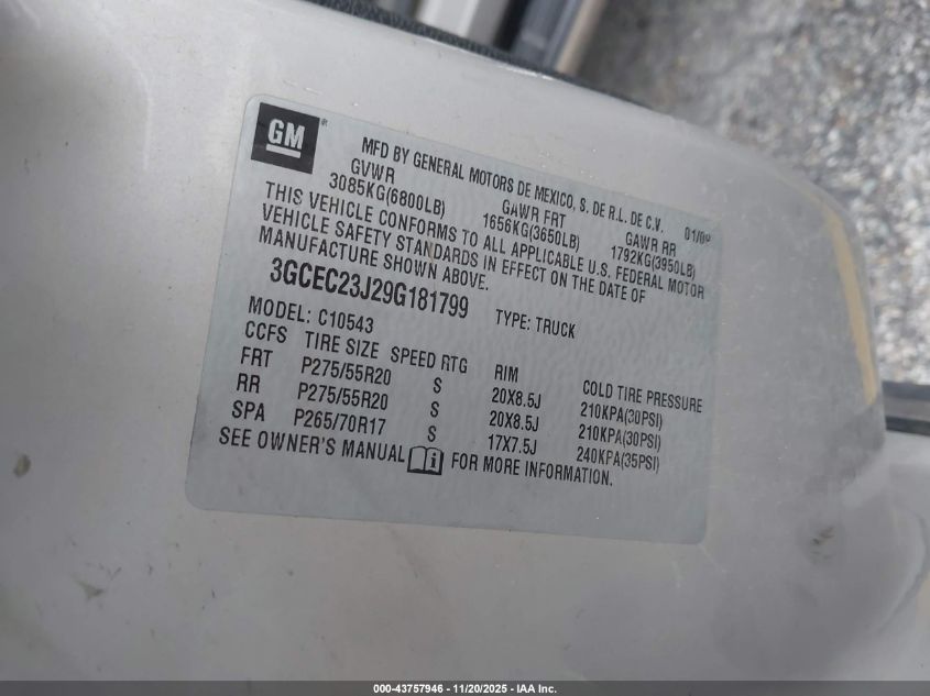 2009 Chevrolet Silverado 1500 Lt VIN: 3GCEC23J29G181799 Lot: 43757946