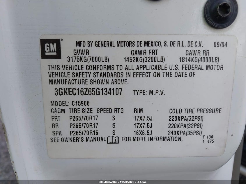 2005 GMC Yukon Xl 1500 Slt VIN: 3GKEC16Z65G134107 Lot: 43757960