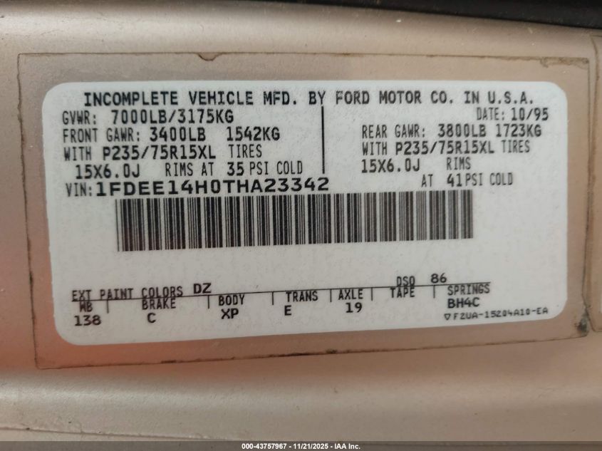 1996 Ford Econoline E150 Van VIN: 1FDEE14H0THA23342 Lot: 43757967