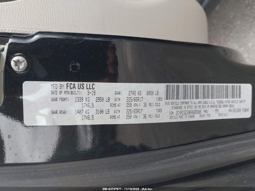 2019 Dodge Grand Caravan Sxt VIN: 2C4RDGCG9KR669308 Lot: 43757977