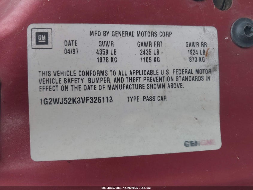 1997 Pontiac Grand Prix Se Cmi VIN: 1G2WJ52K3VF326113 Lot: 43757983