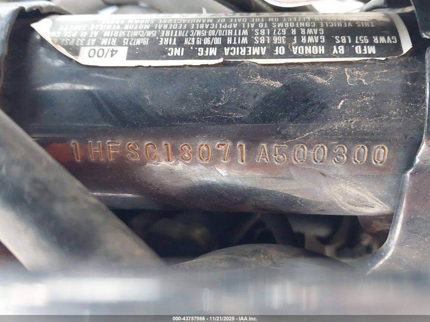 2001 Honda Vt1100 C VIN: 1HFSC18071A500300 Lot: 43757986