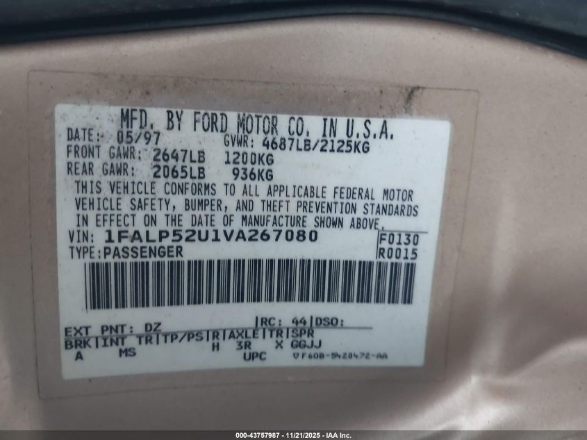 1997 Ford Taurus Gl VIN: 1FALP52U1VA267080 Lot: 43757987