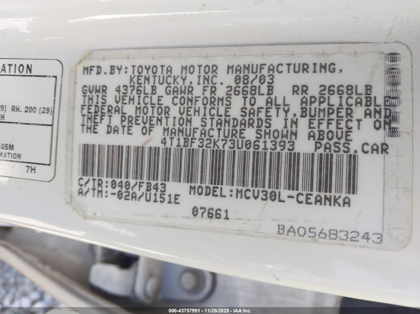 2003 Toyota Camry Le V6 VIN: 4T1BF32K73U061393 Lot: 43757991