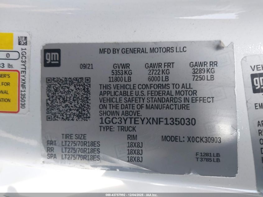 2022 Chevrolet Silverado 3500Hd 4Wd Long Bed Lt VIN: 1GC3YTEYXNF135030 Lot: 43757992