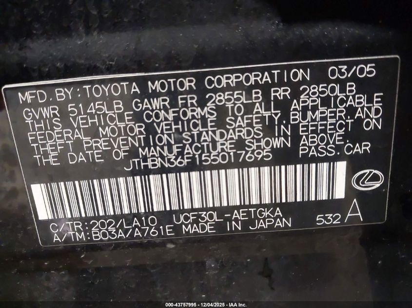 2005 Lexus Ls 430 VIN: JTHBN36F155017695 Lot: 43757995