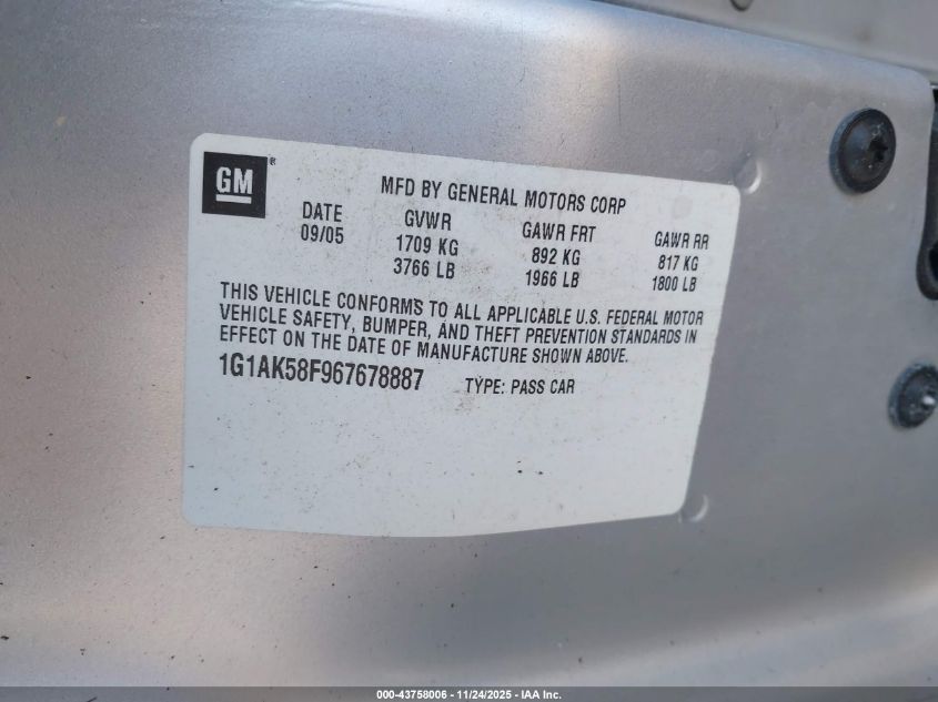 2006 Chevrolet Cobalt Ls VIN: 1G1AK58F967678887 Lot: 43758006