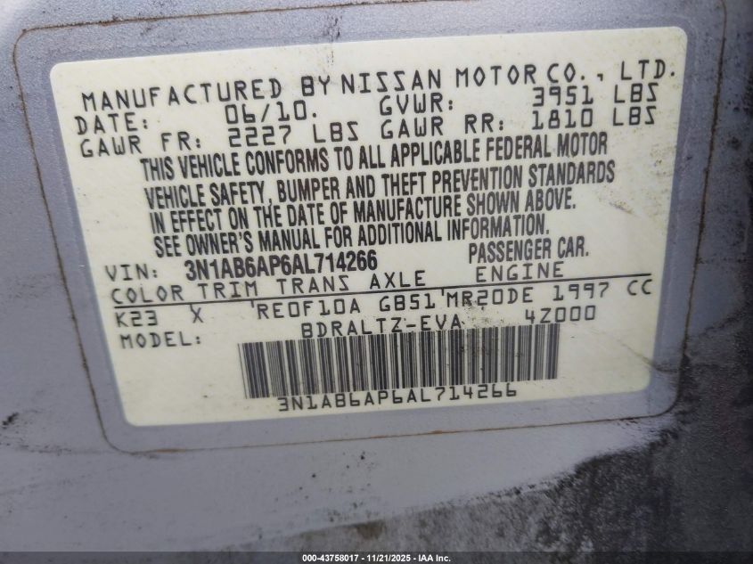 2010 Nissan Sentra 2.0Sr VIN: 3N1AB6AP6AL714266 Lot: 43758017