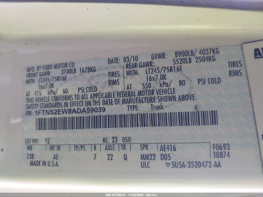 2010 Ford E-250 Commercial/Recreational VIN: 1FTNS2EW8ADA59039 Lot: 43758018