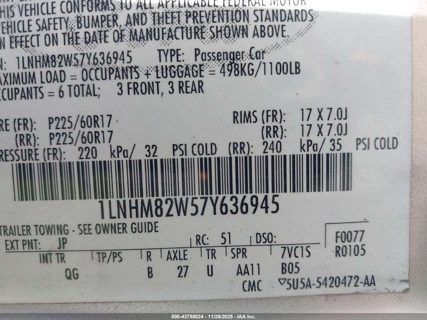 2007 Lincoln Town Car Signature Limited VIN: 1LNHM82W57Y636945 Lot: 43758024