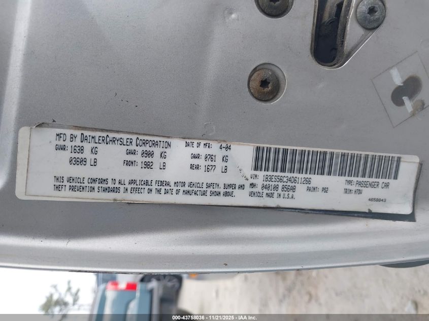 2004 Dodge Neon Sxt VIN: 1B3ES56C34D611266 Lot: 43758036