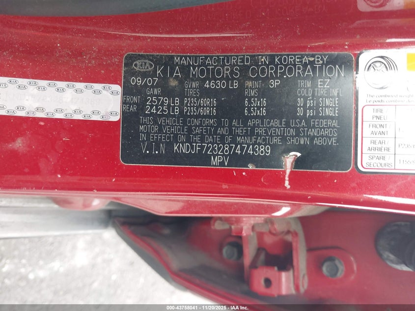 2008 Kia Sportage Ex V6 VIN: KNDJF723287474389 Lot: 43758041