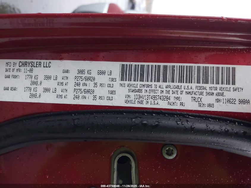 2009 Dodge Ram 1500 Slt/Sport/Trx VIN: 1D3HV13T49S743284 Lot: 43758046