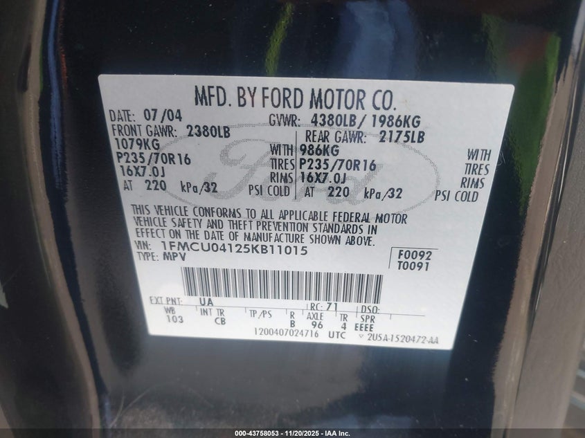 2005 Ford Escape Limited VIN: 1FMCU04125KB11015 Lot: 43758053