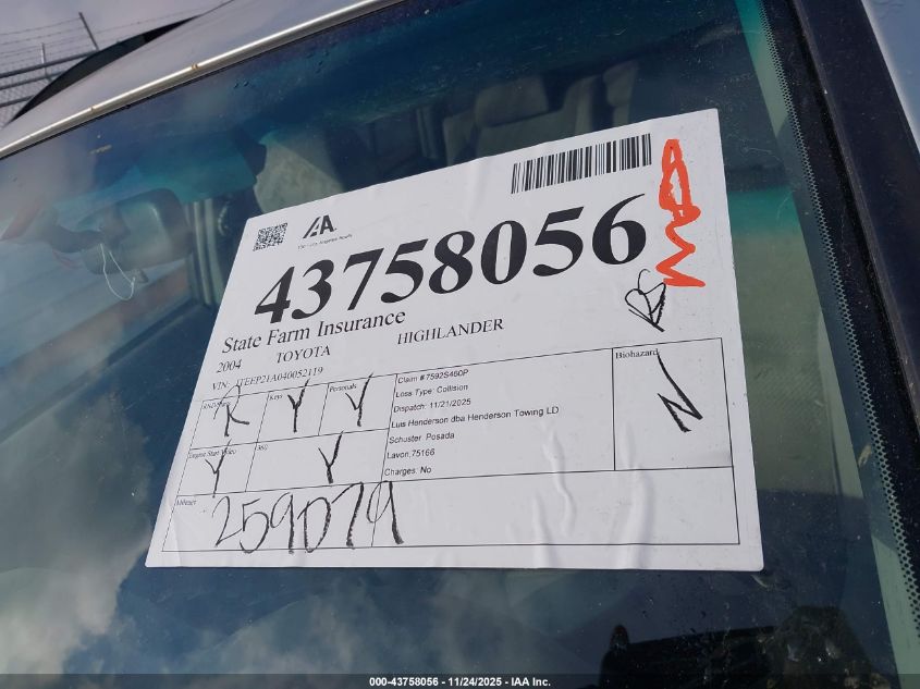 2004 Toyota Highlander V6 VIN: JTEEP21A040052119 Lot: 43758056