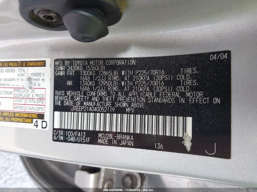 2004 Toyota Highlander V6 VIN: JTEEP21A040052119 Lot: 43758056