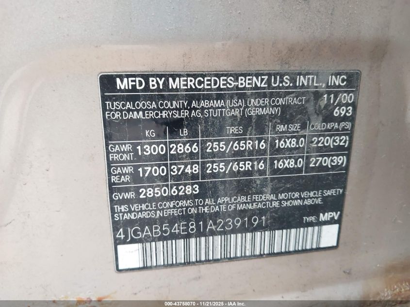 2001 Mercedes-Benz Ml 320 VIN: 4JGAB54E81A239191 Lot: 43758070