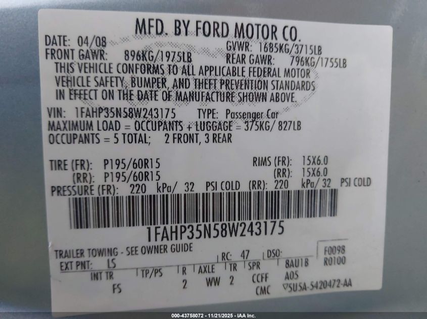 2008 Ford Focus Se/Ses VIN: 1FAHP35N58W243175 Lot: 43758072