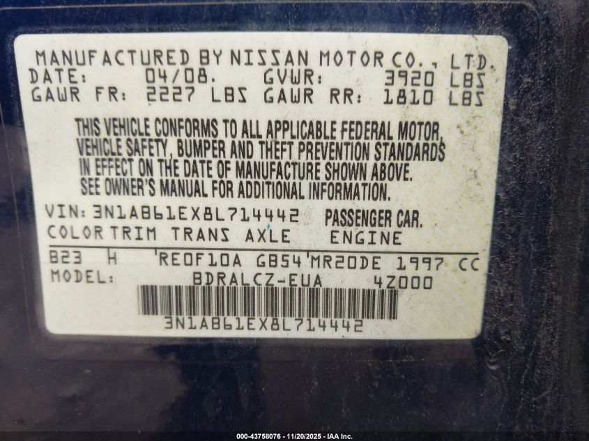 2008 Nissan Sentra 2.0 VIN: 3N1AB61EX8L714442 Lot: 43758076