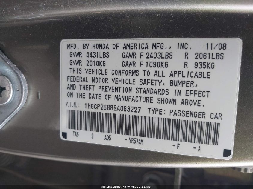 2009 Honda Accord 2.4 Ex-L VIN: 1HGCP26889A063227 Lot: 43758082