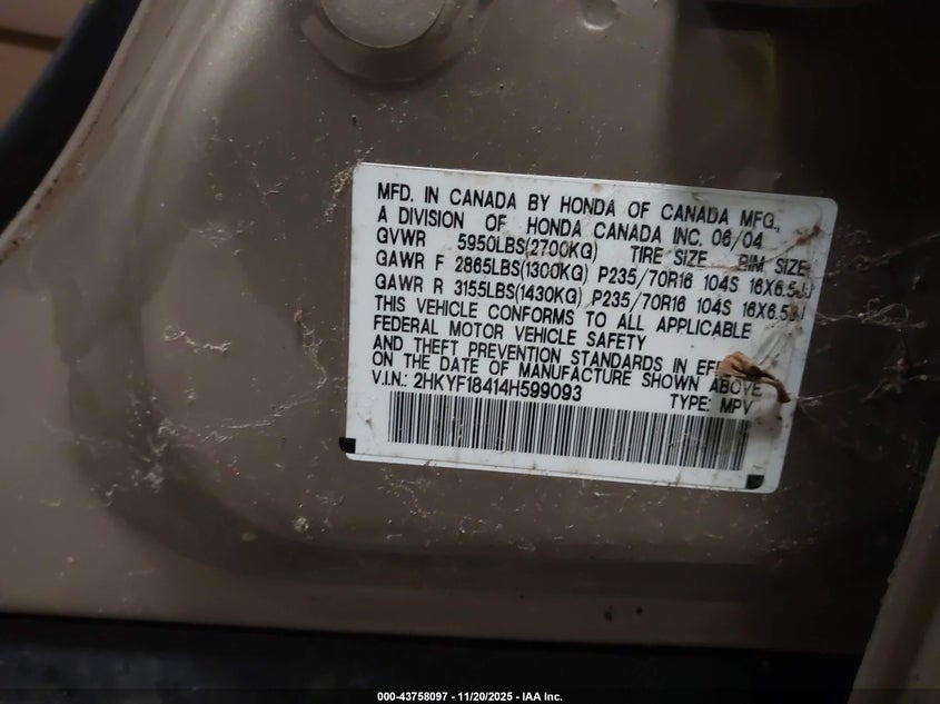 2004 Honda Pilot Ex VIN: 2HKYF18414H599093 Lot: 43758097