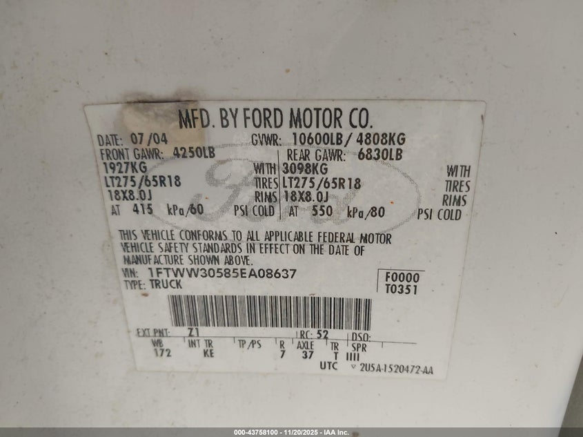 2005 Ford F-350 VIN: 1FTWW30585EA08637 Lot: 43758100