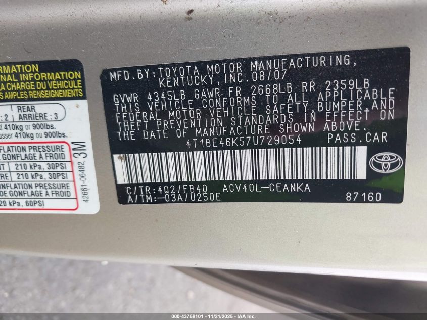 2007 Toyota Camry Le VIN: 4T1BE46K57U729054 Lot: 43758101