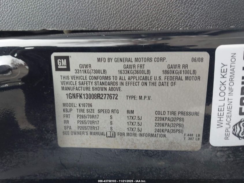 2008 Chevrolet Tahoe Lt VIN: 1GNFK13008R277672 Lot: 43758103