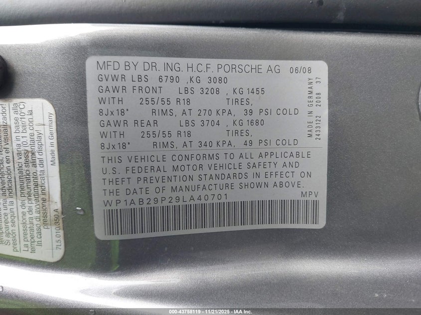 2009 Porsche Cayenne S VIN: WP1AB29P29LA40701 Lot: 43758119