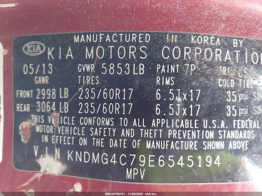 2014 Kia Sedona Lx VIN: KNDMG4C79E6545194 Lot: 43758121