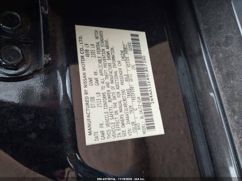 2009 Nissan Maxima 3.5 Sv VIN: 1N4AA51E49C807390 Lot: 43758134