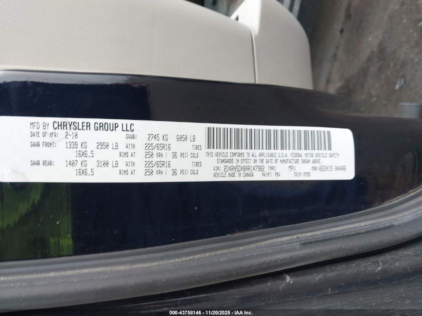 2010 Dodge Grand Caravan Sxt VIN: 2D4RN5DX8AR147982 Lot: 43758146